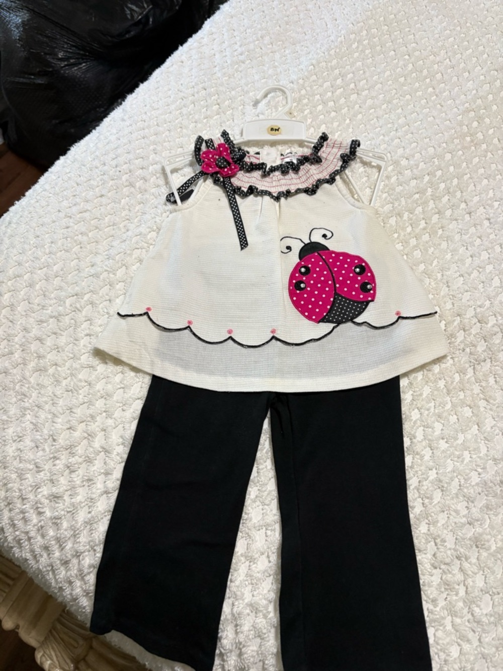 Rare Editions White Top with Pink Stripes and Black Polka-Dot Trim